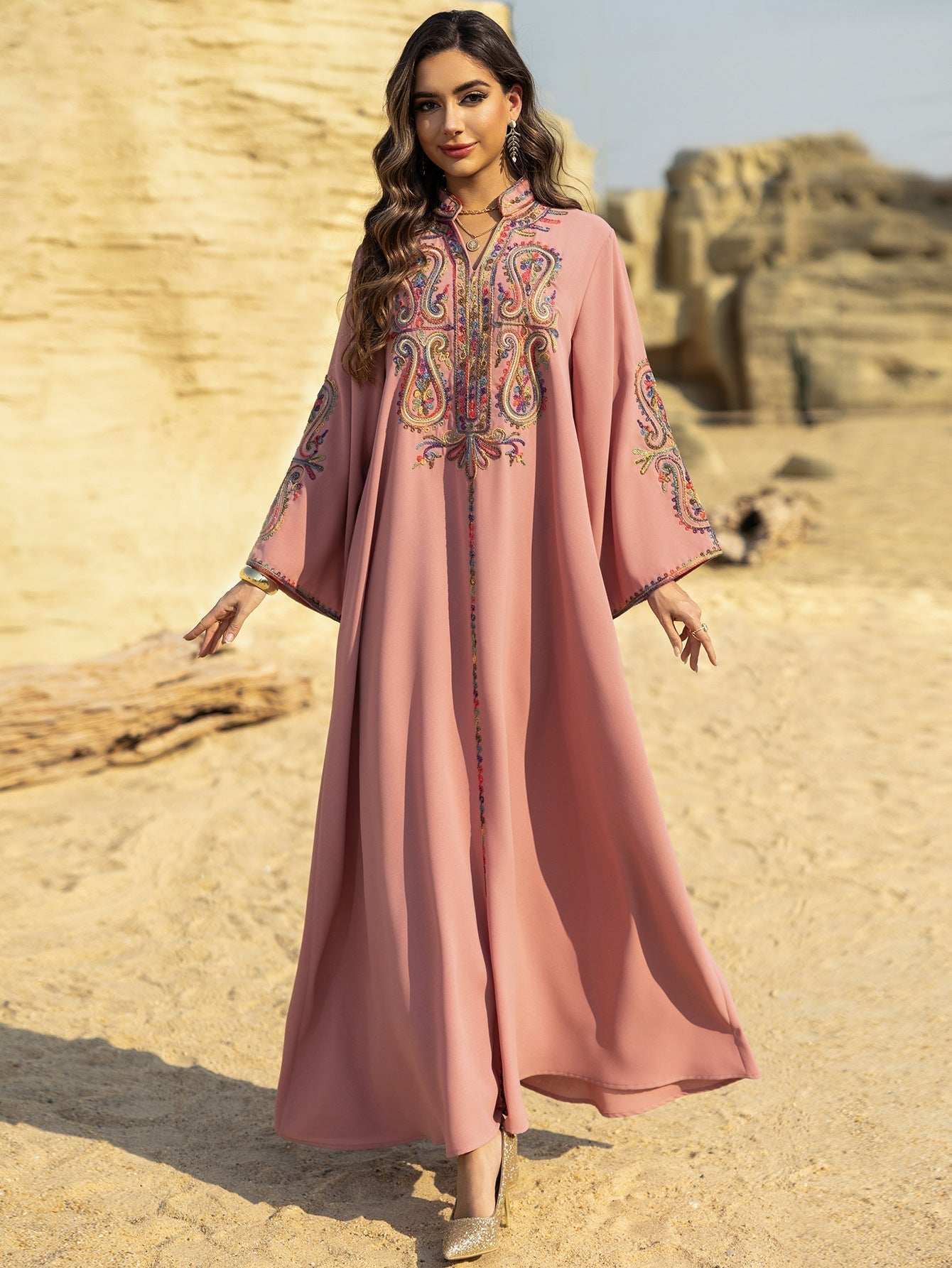 Embroidered Moroccan Abaya – Traditional Chiffon Modest Abaya -  Green / S -  Abaya Vida