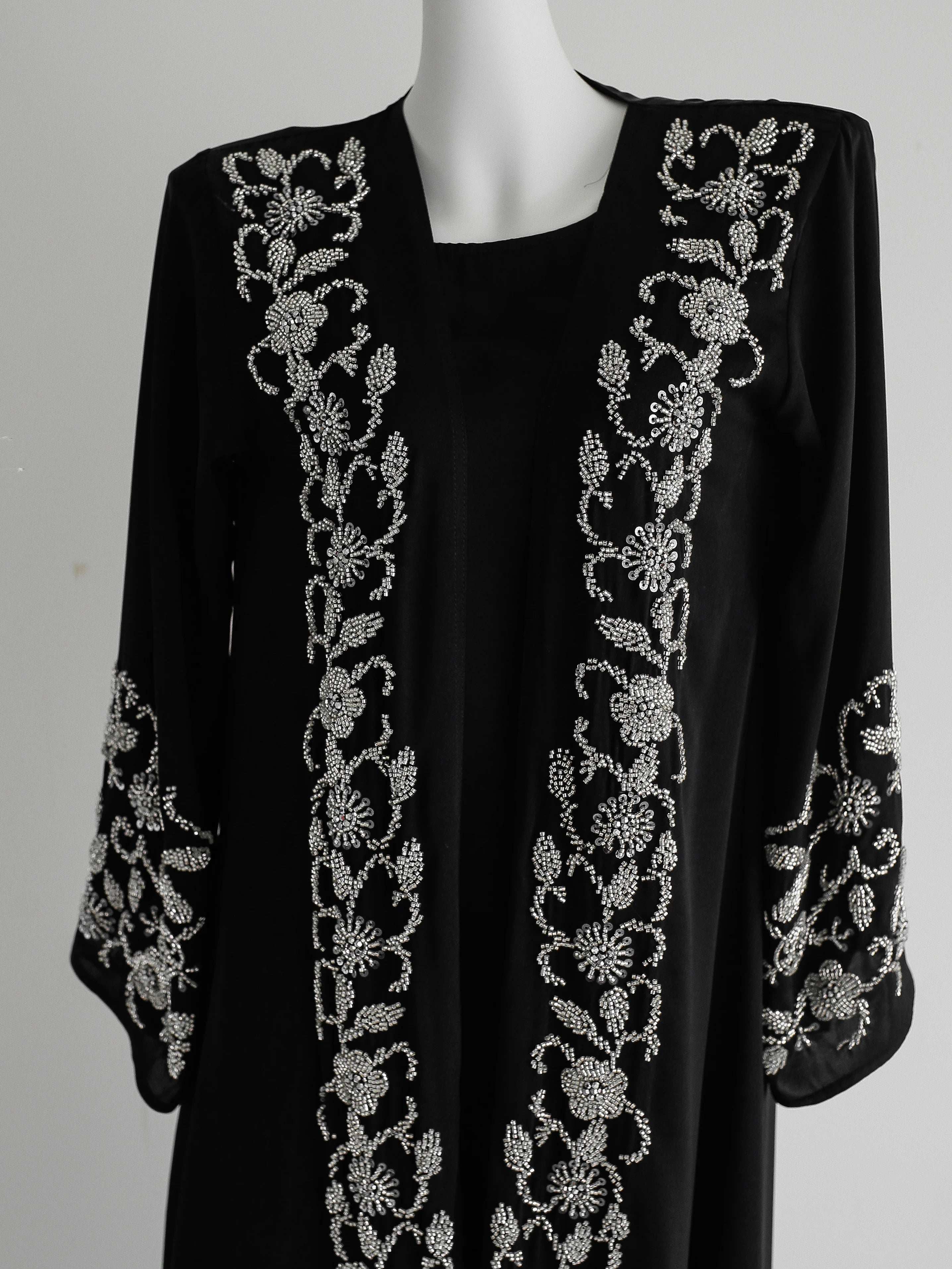 Beaded Luxury Abaya – Gold Embroidered Black Maxi Abaya -  Silver / S -  Abaya Vida