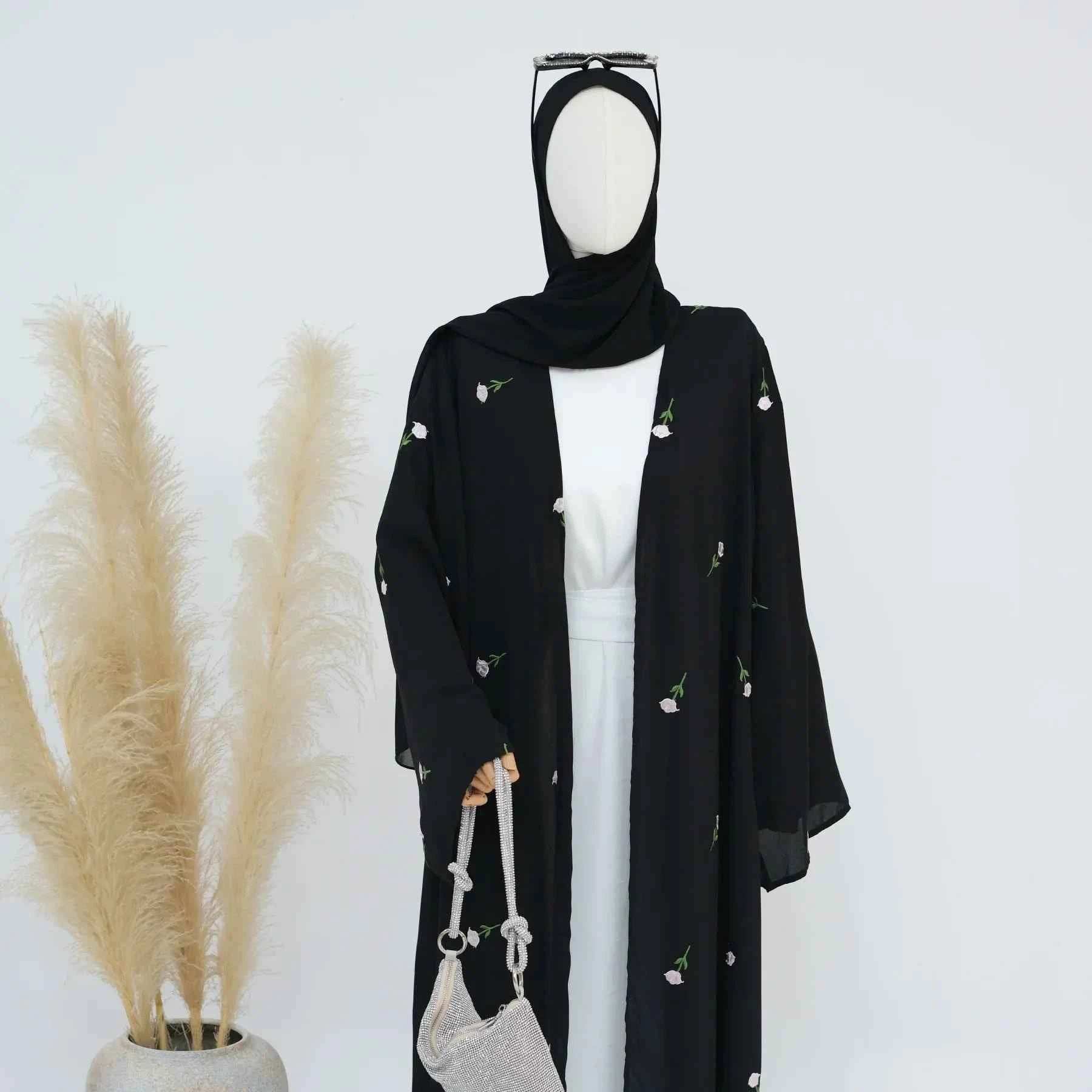 Floral Embroidered Abaya Cardigan - Abaya Vida