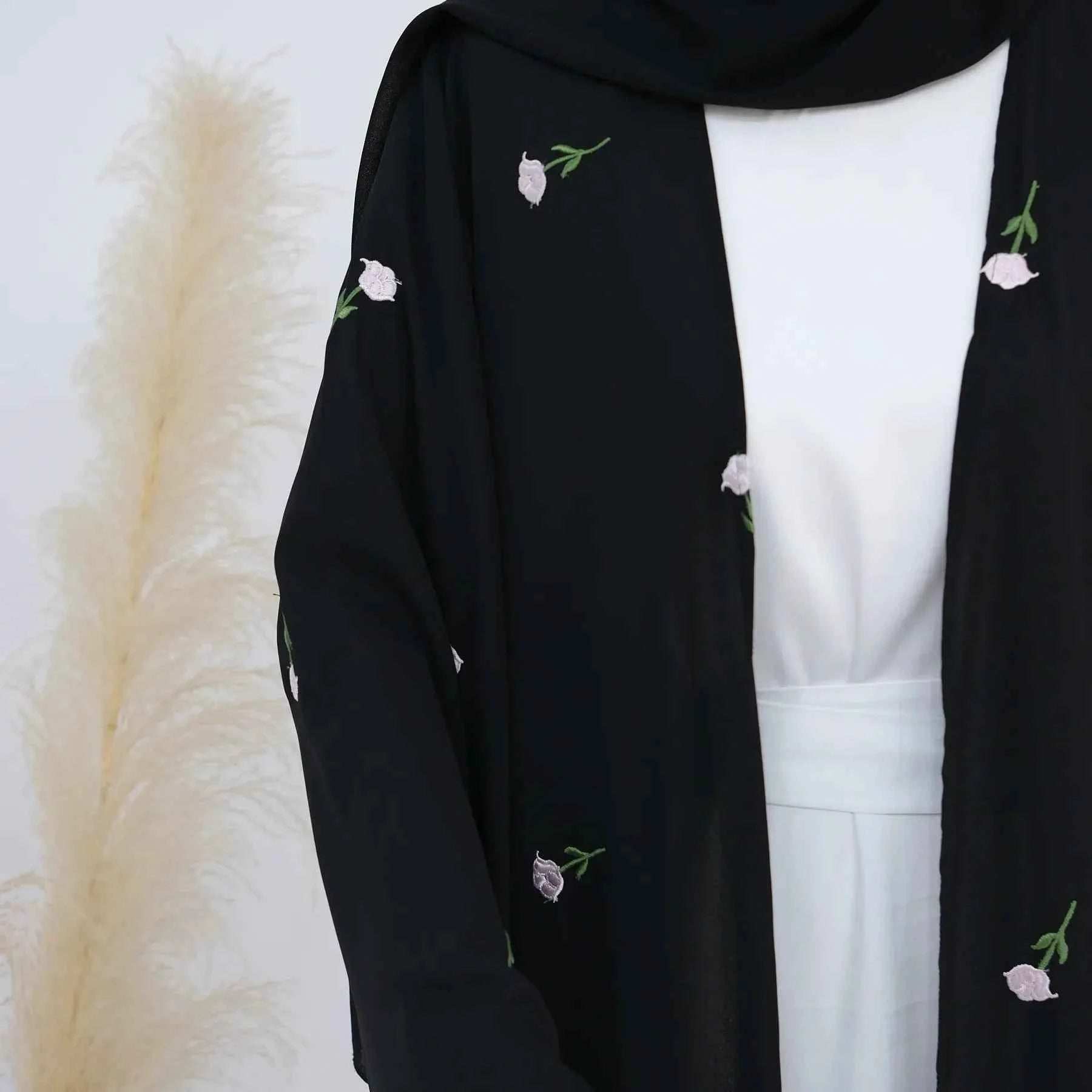 Floral Embroidered Abaya Cardigan - Abaya Vida
