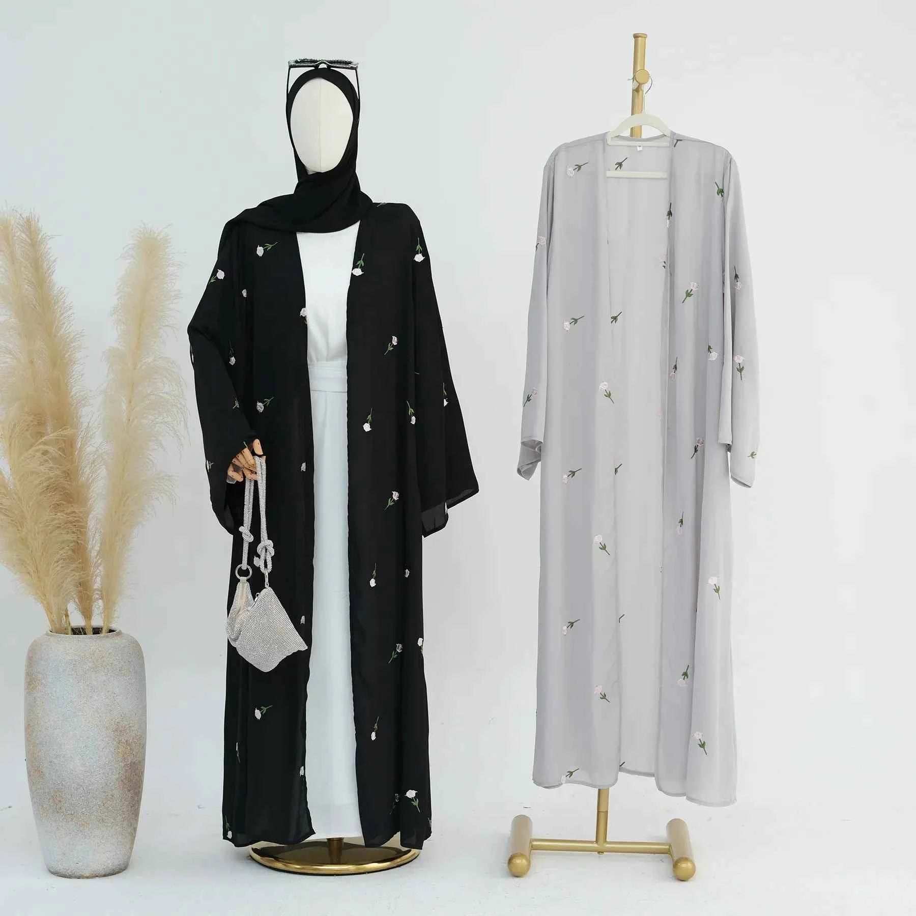 Floral Embroidered Abaya Cardigan - Abaya Vida