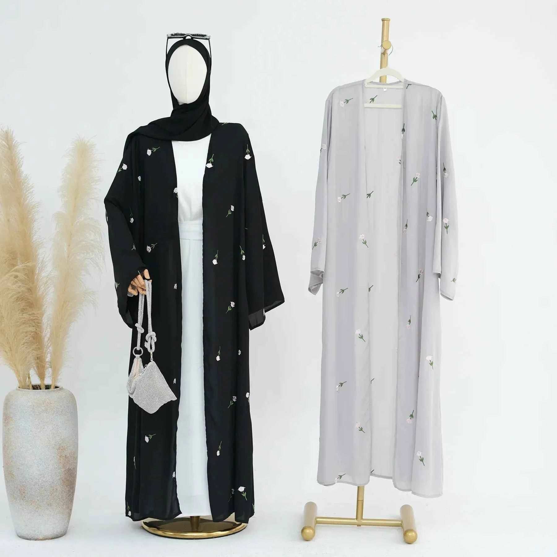 Floral Embroidered Abaya Cardigan - Abaya Vida