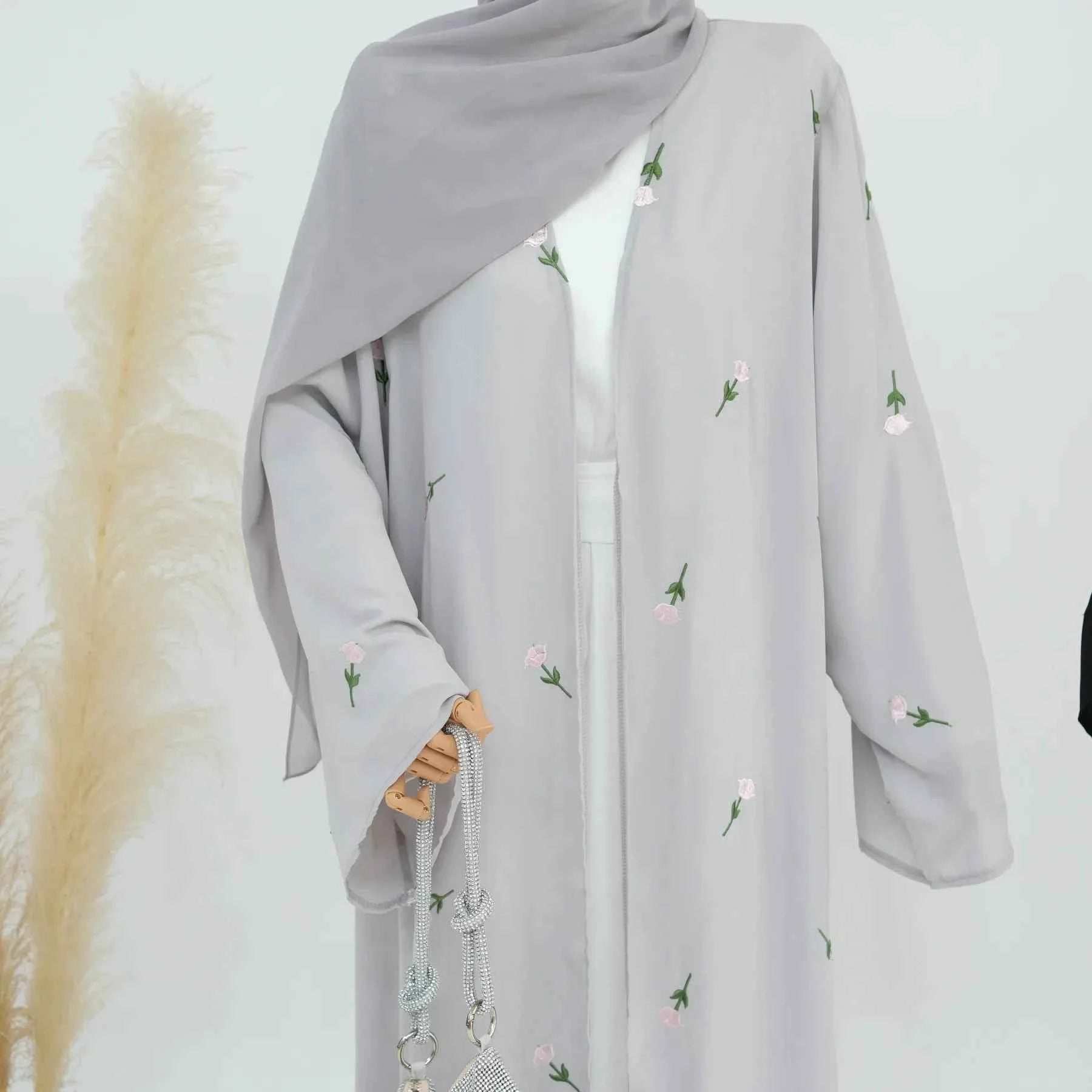 Floral Embroidered Abaya Cardigan - Abaya Vida