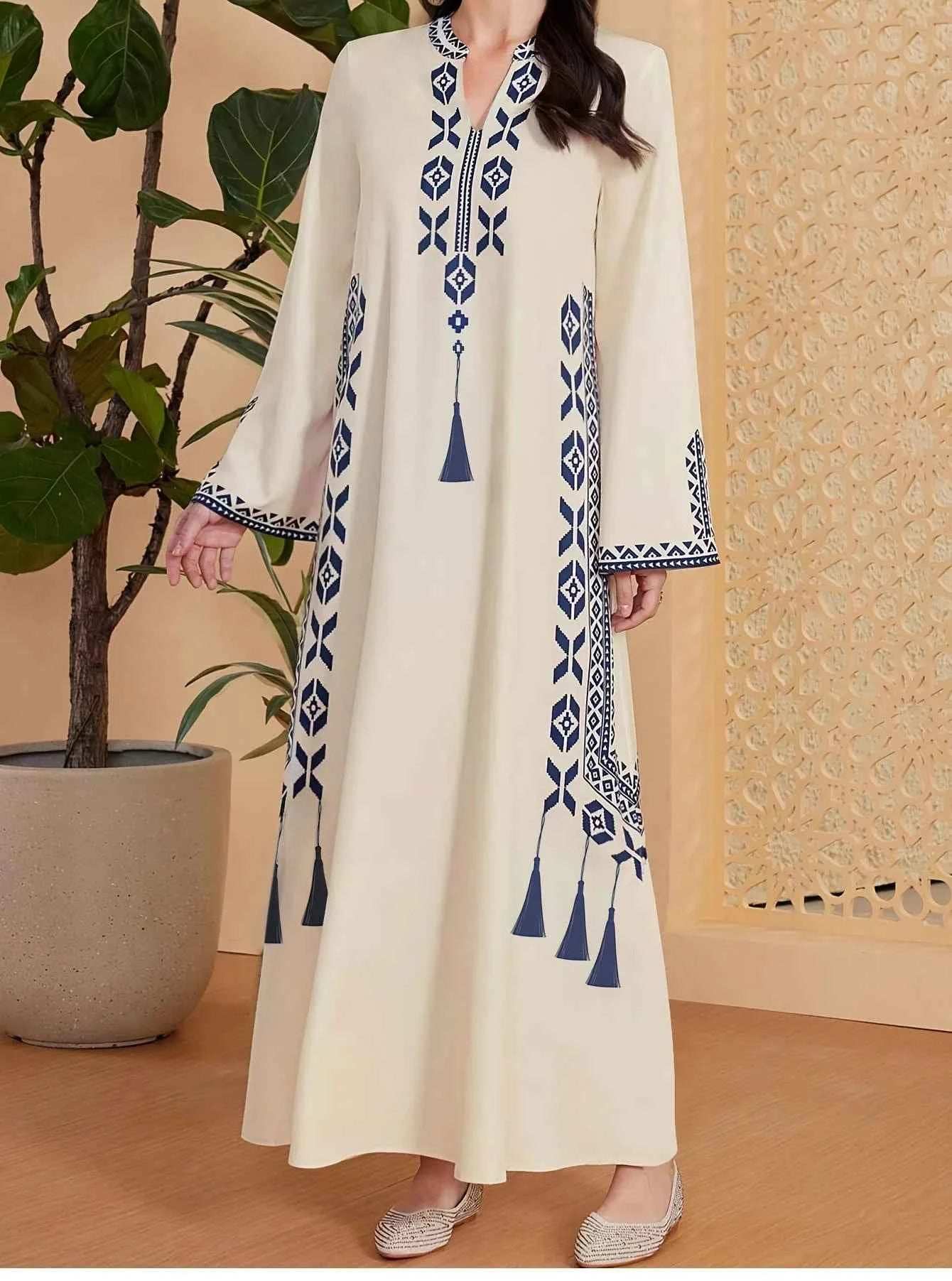 Printed Kaftan V-Neck Abaya - Abaya Vida