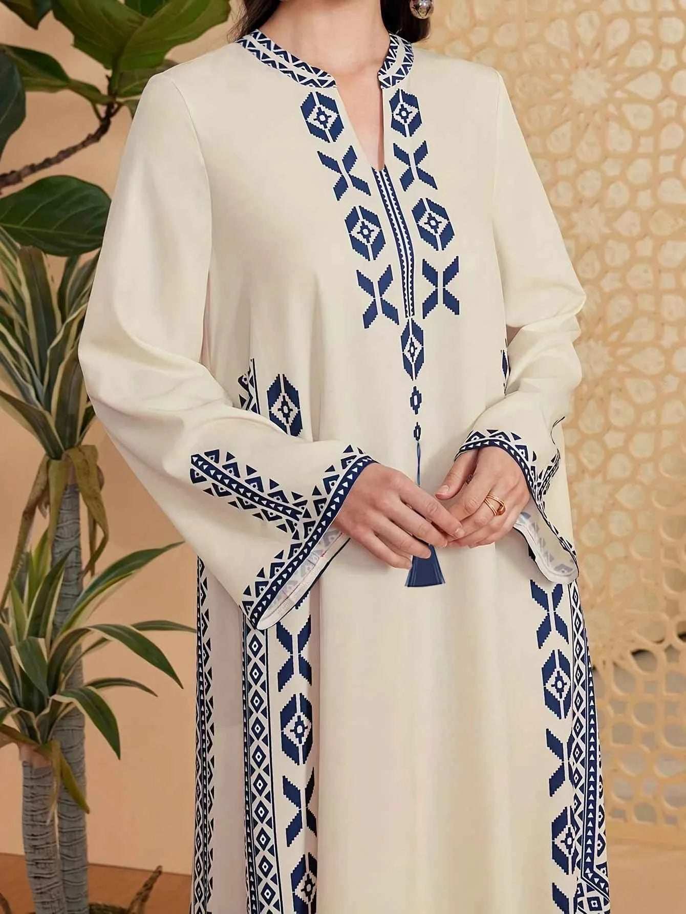 Printed Kaftan V-Neck Abaya - Abaya Vida