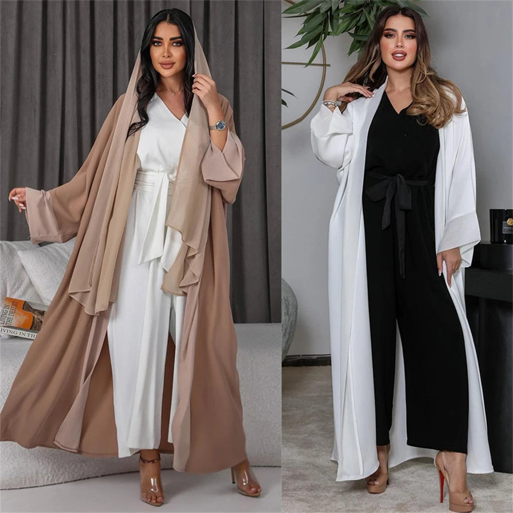 White & Khaki Kimono Abaya for Women – Open Front Cardigan Robe