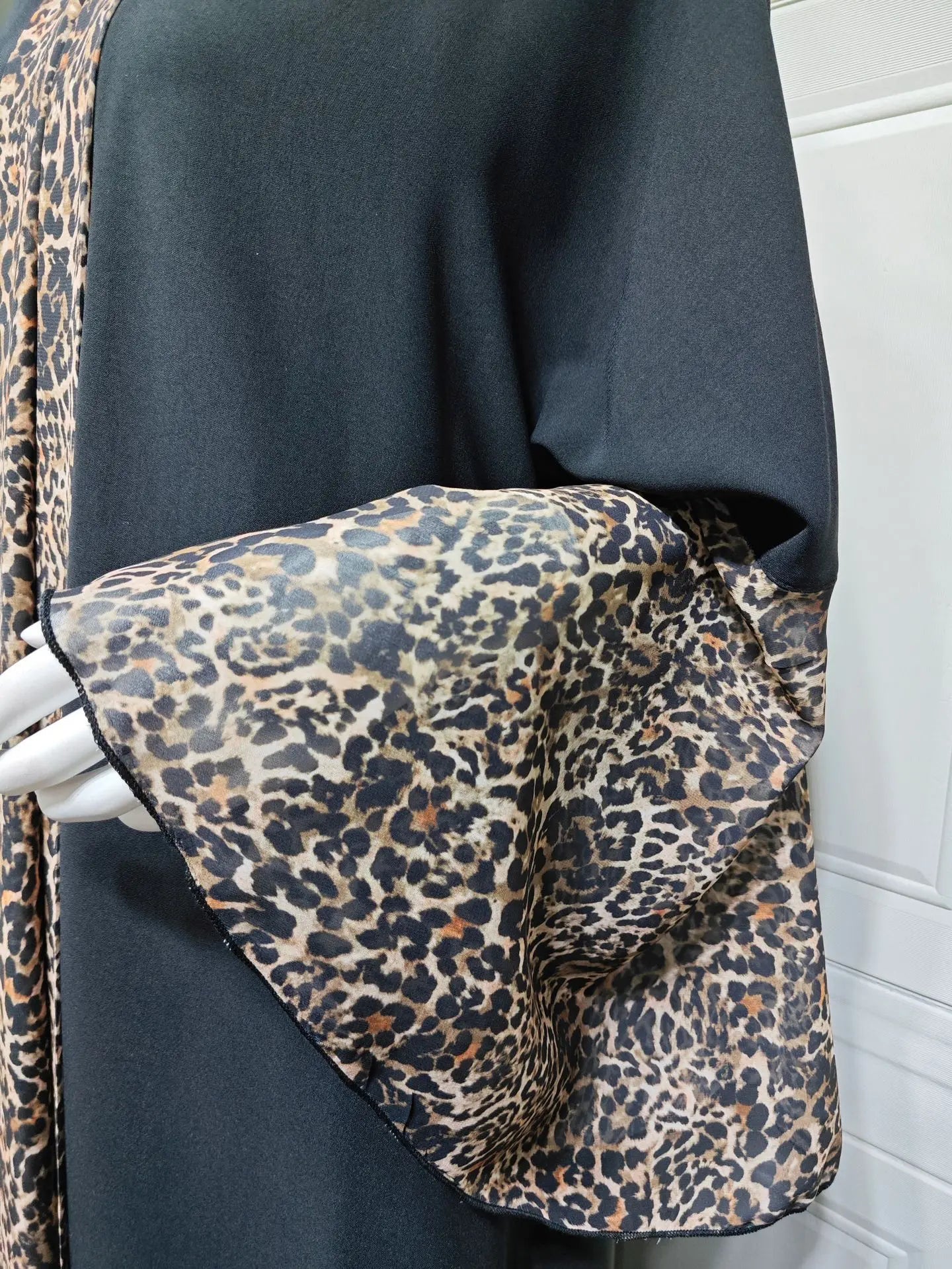 Leopard Trim Chiffon Abaya Set with Hijab – Open Front Kaftan | AbayaVida