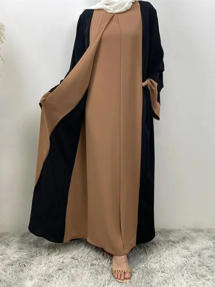 Luxury Splicing Faux Two-Piece Abaya – Zip Front Colour-Block Robe