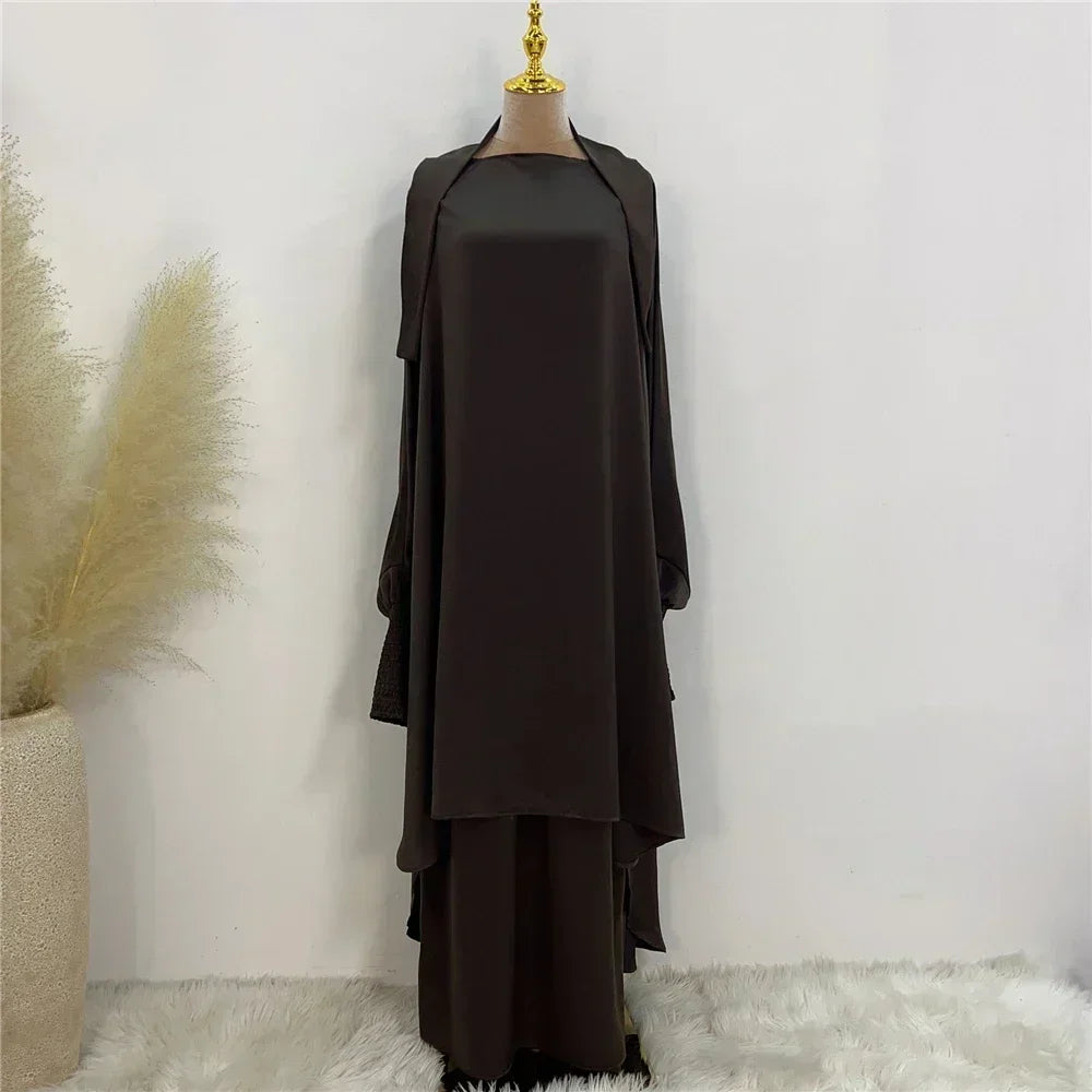 Eid Djellaba Kebaya Two-Piece Set – Hooded Satin Khimar & Skirt, One Size