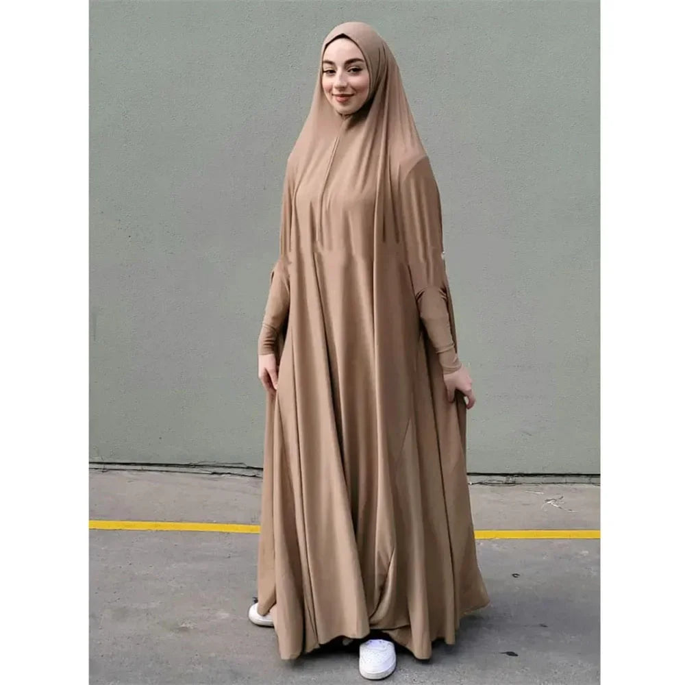 Full Cover Bat Sleeve Hooded Abaya – Pullover Prayer Gown - Brown - M | AbayaVida