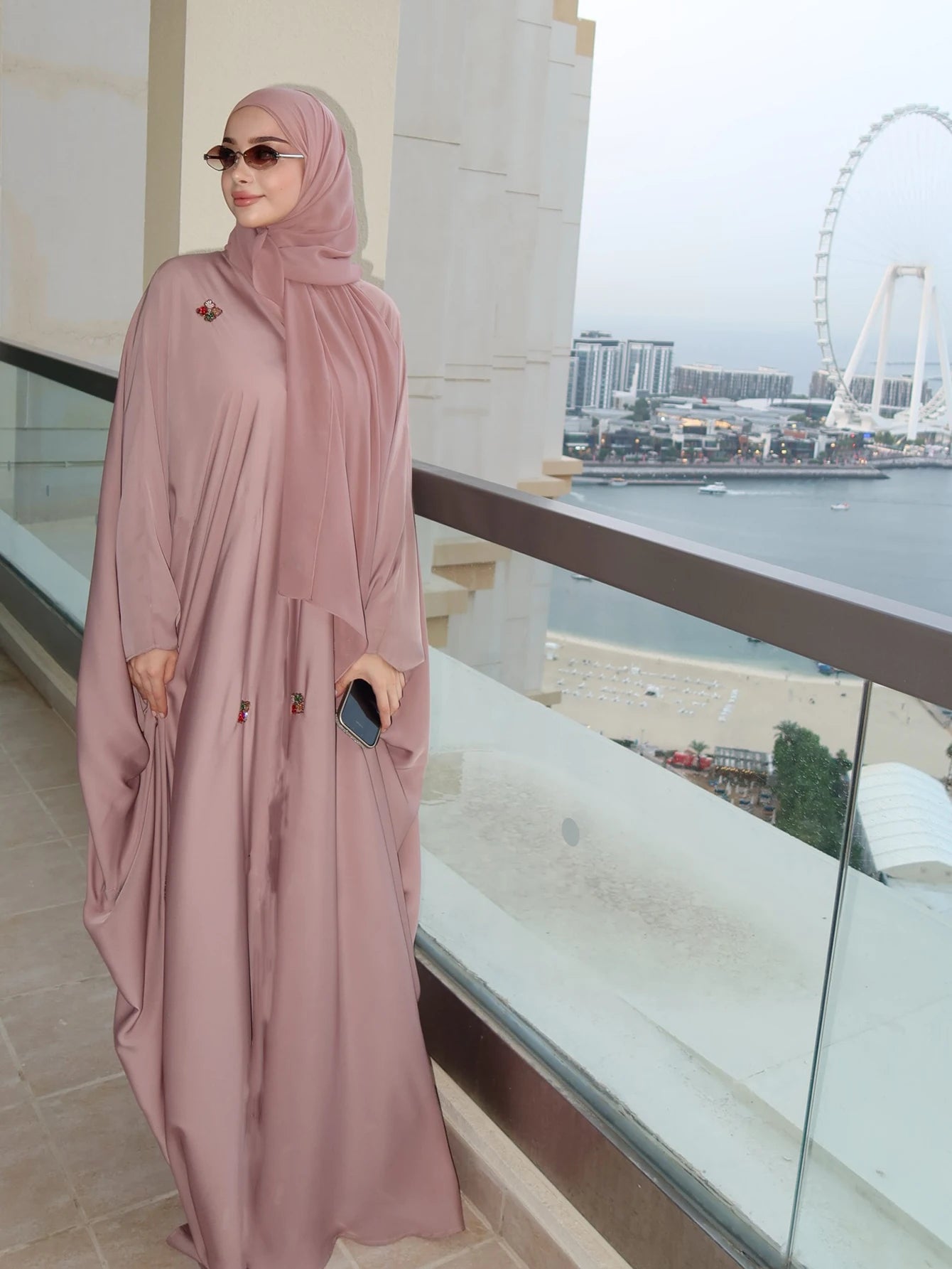 Pink Batwing Sleeve Abaya – Open Front Robe, One Size | AbayaVida