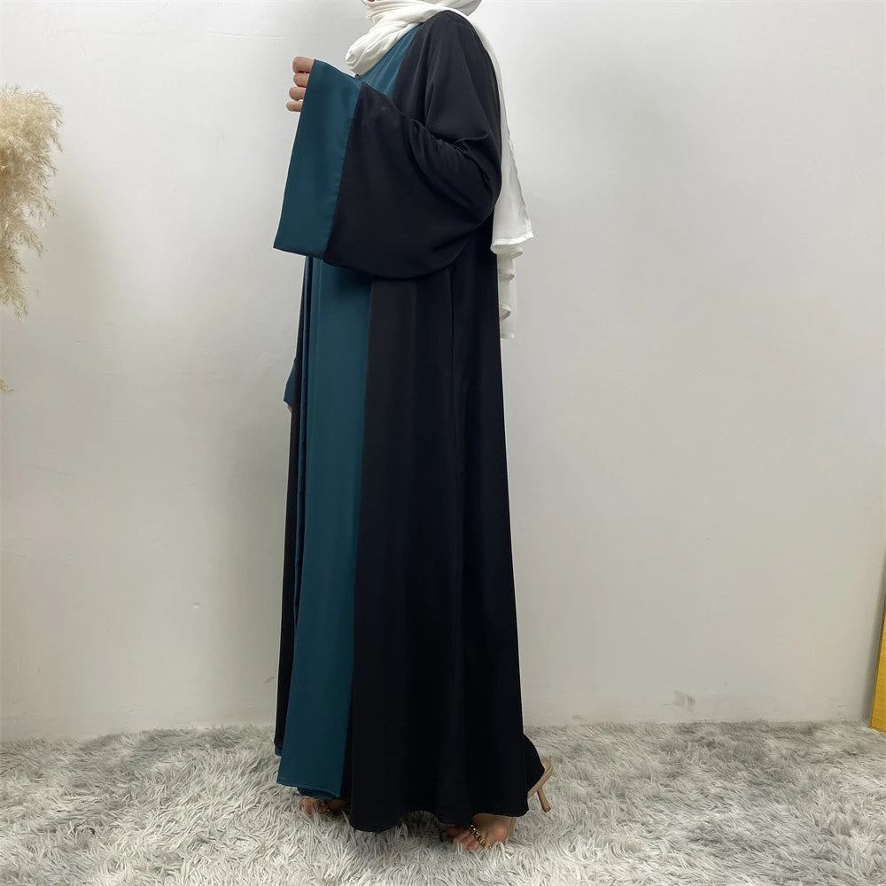 Luxury Splicing Faux Two-Piece Abaya – Zip Front Colour-Block Robe