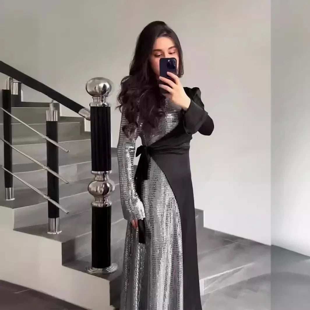 Radiant Sequin High Collar Abaya - Abaya Vida