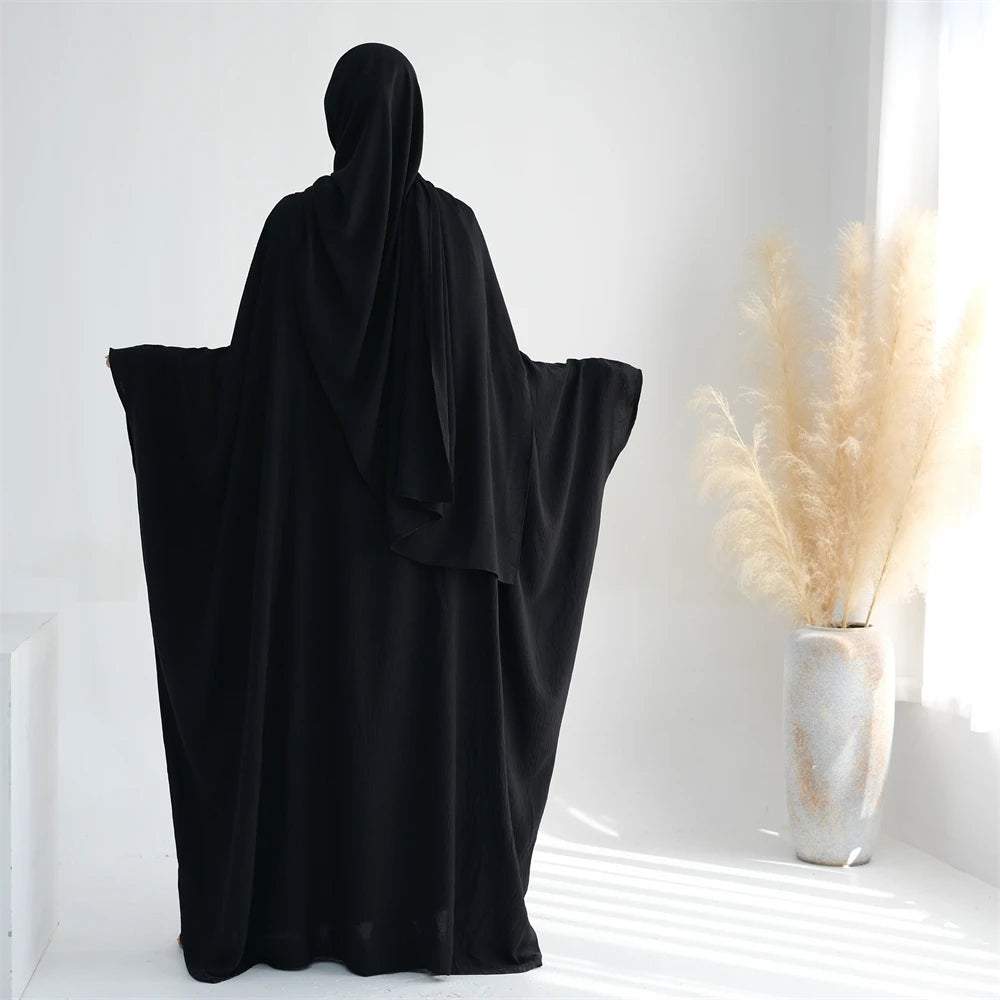 Soft Crepe Khimar Batwing Set with Hijab – Pullover Prayer Dress - Black with hijab - M | AbayaVida