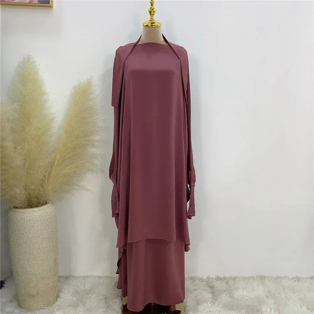 Eid Djellaba Kebaya Two-Piece Set – Hooded Satin Khimar & Skirt, One Size