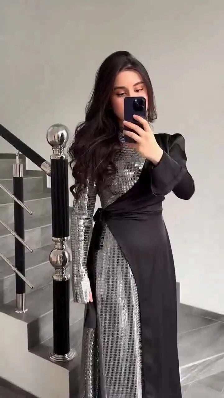 Radiant Sequin High Collar Abaya - Abaya Vida