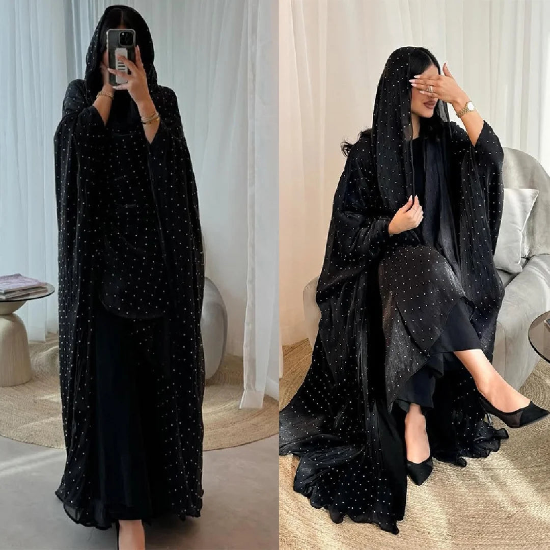 Wave Point Open Kimono Abaya – Black Layering Robe