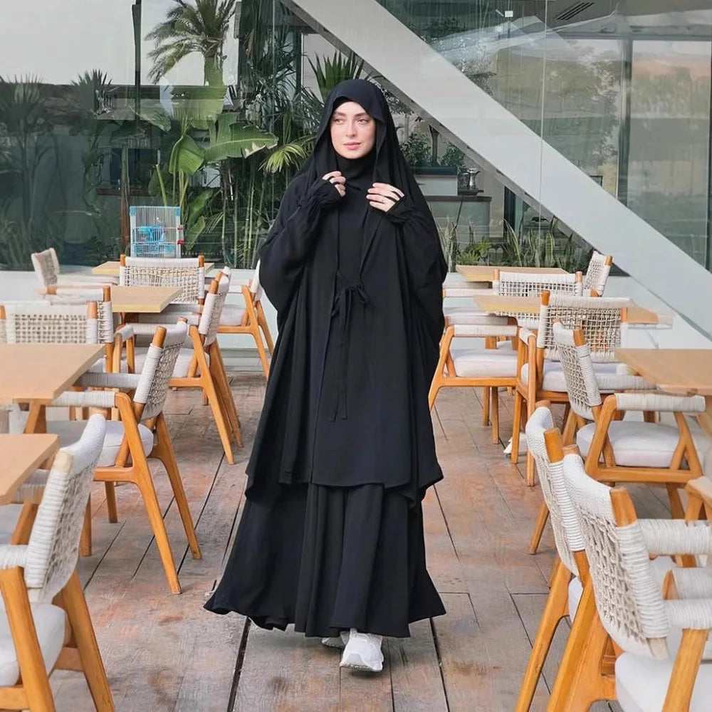 Long Khimar Skirt Prayer Set – Two-Piece Veil & Skirt, Uniform Size - Black | AbayaVida