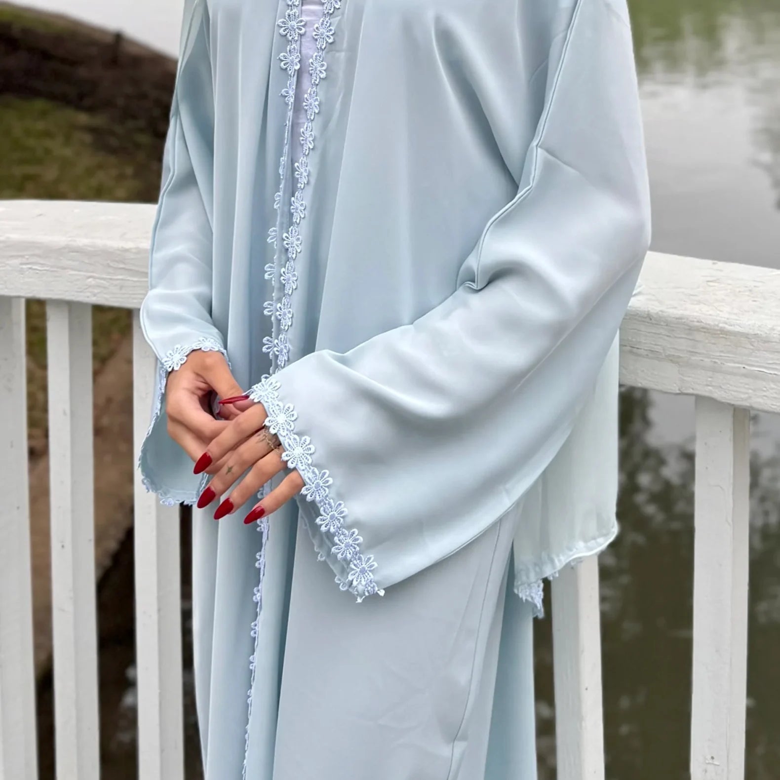Summer Lace Flower Abaya with Scarf – Open Front Robe, Side Pockets