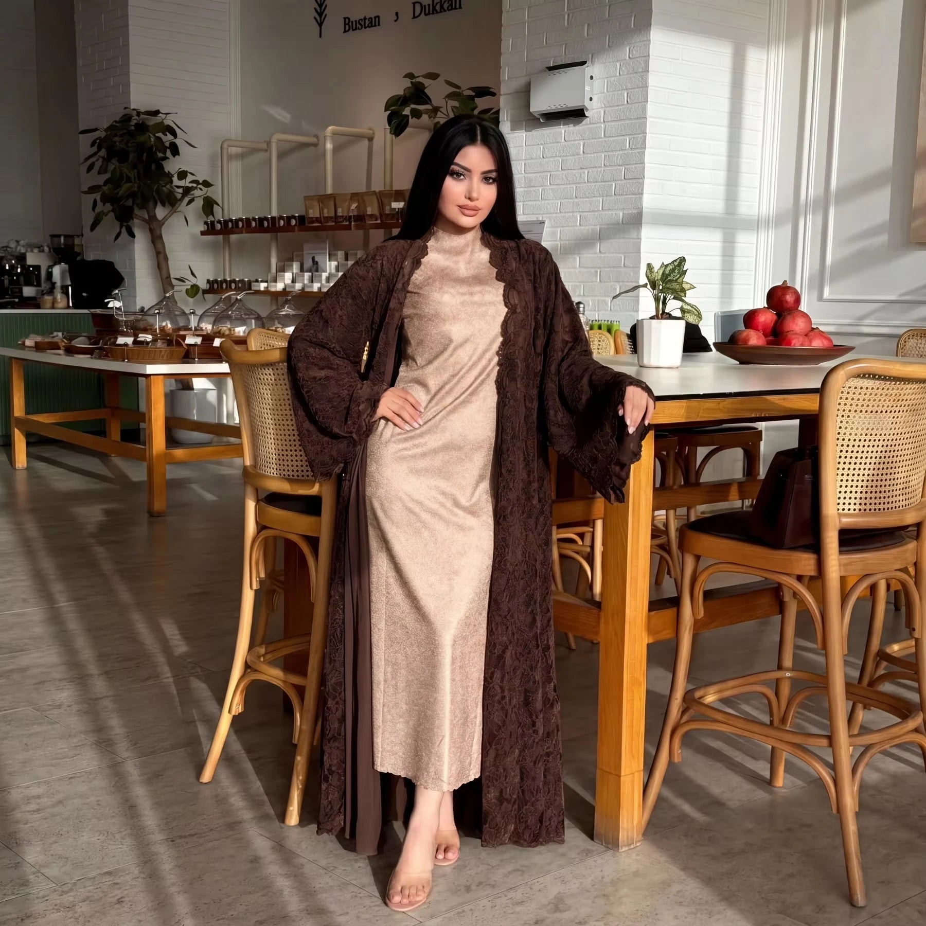 Zahraa Beaded Kimono Abaya – Lined Lace Open Front Robe - Green - XL | AbayaVida