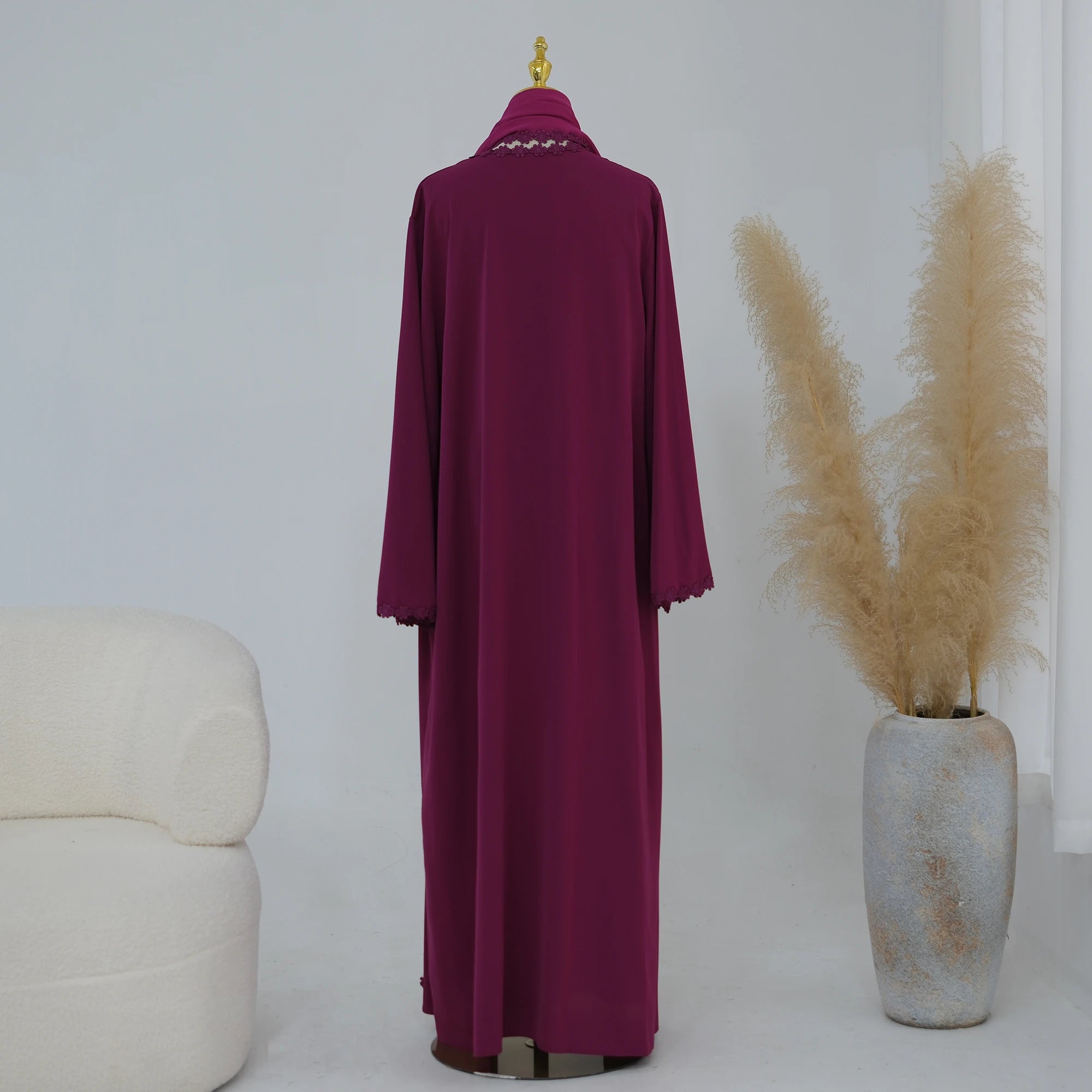 Summer Lace Flower Abaya with Scarf – Open Front Robe, Side Pockets