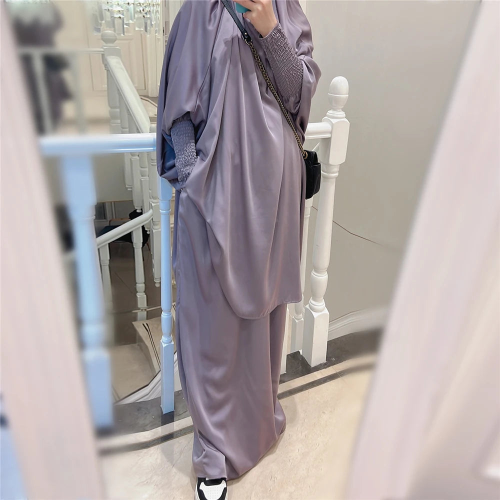 Eid Djellaba Kebaya Two-Piece Set – Hooded Satin Khimar & Skirt, One Size