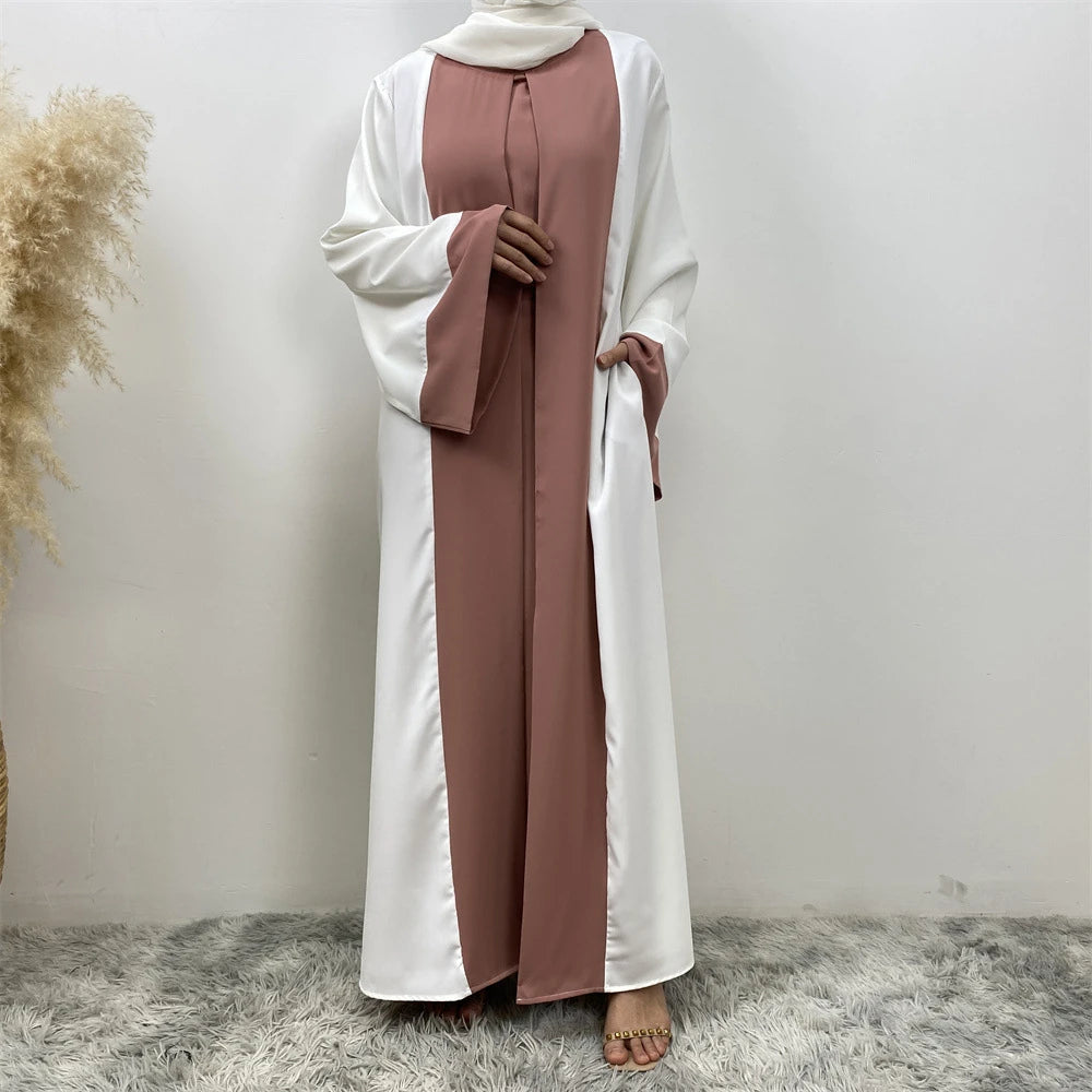 Luxury Splicing Faux Two-Piece Abaya – Zip Front Colour-Block Robe
