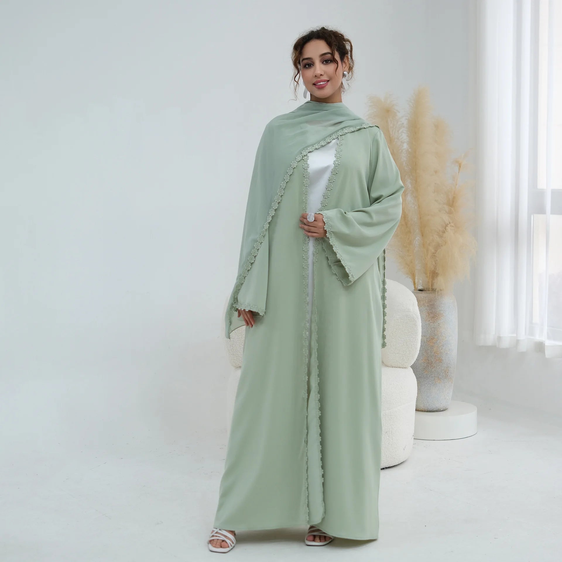 Eid Abaya with Hijab Set – Lace Detail Open Front Robe