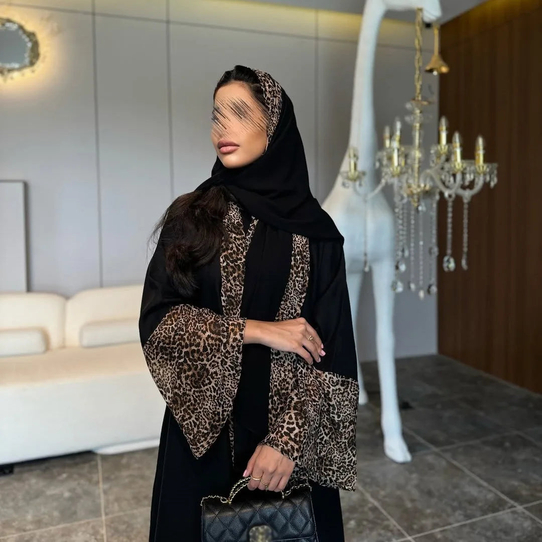 Leopard Trim Chiffon Abaya Set with Hijab – Open Front Kaftan - Size L | AbayaVida