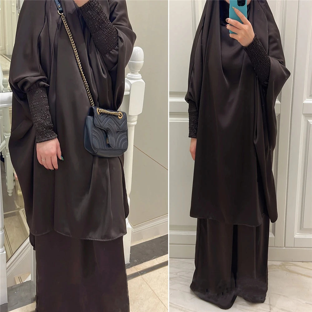 Eid Djellaba Kebaya Two-Piece Set – Hooded Satin Khimar & Skirt, One Size