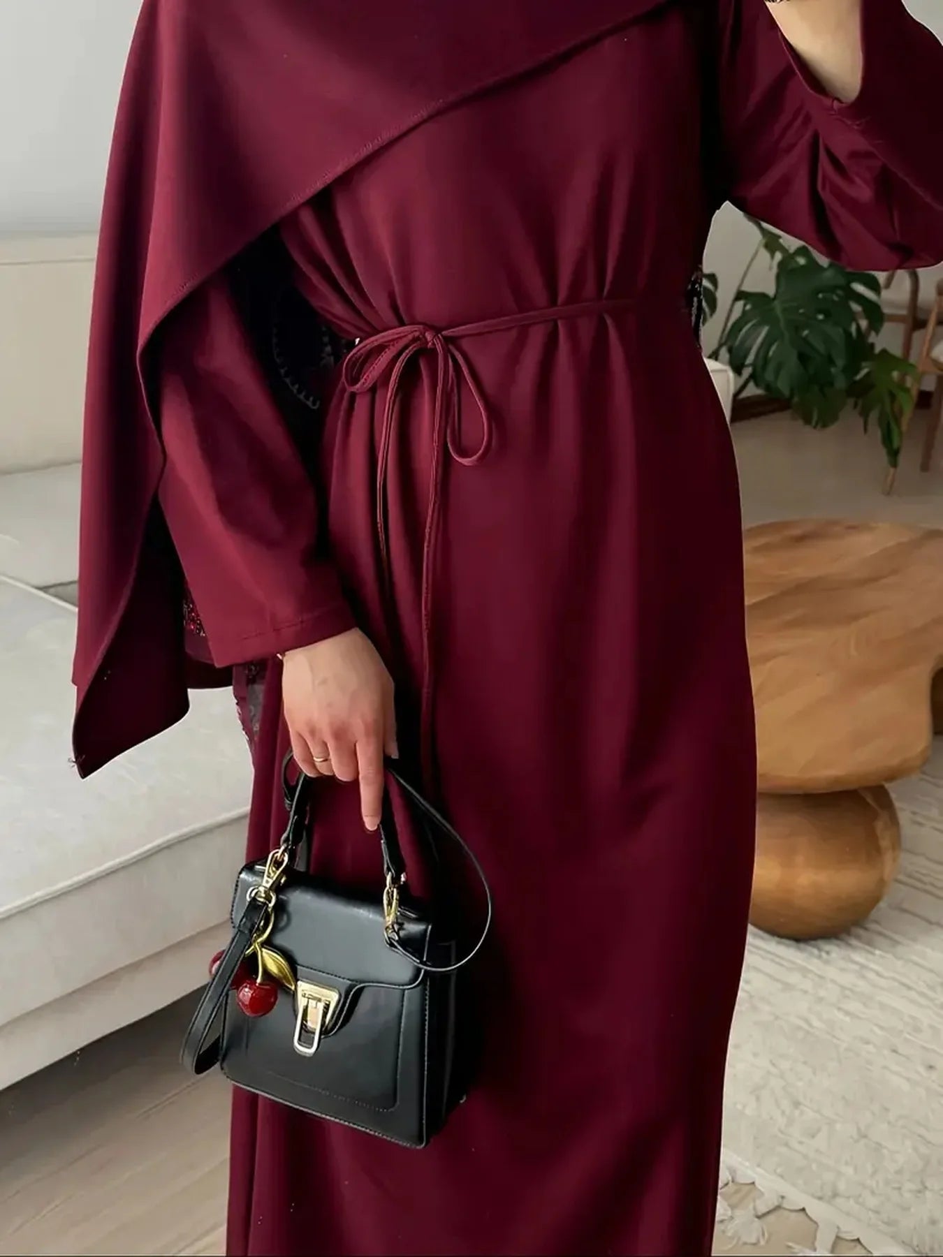 Lace-Up Solid Colour Abaya Dress – Elegant Long Sleeve Robe