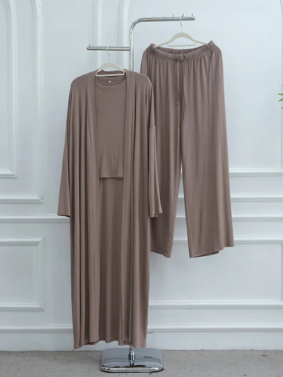 Dubai Three-Piece Abaya Set – Cardigan, Top & Trousers Coordinated Outfit