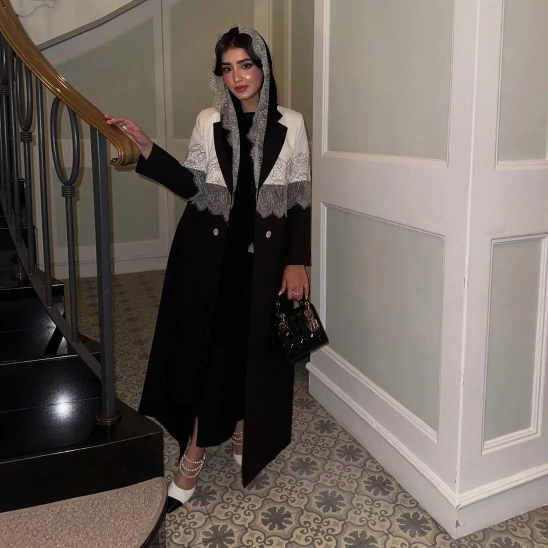 Modest Lace Trim Abaya – Open Front Robe with Lapel Collar