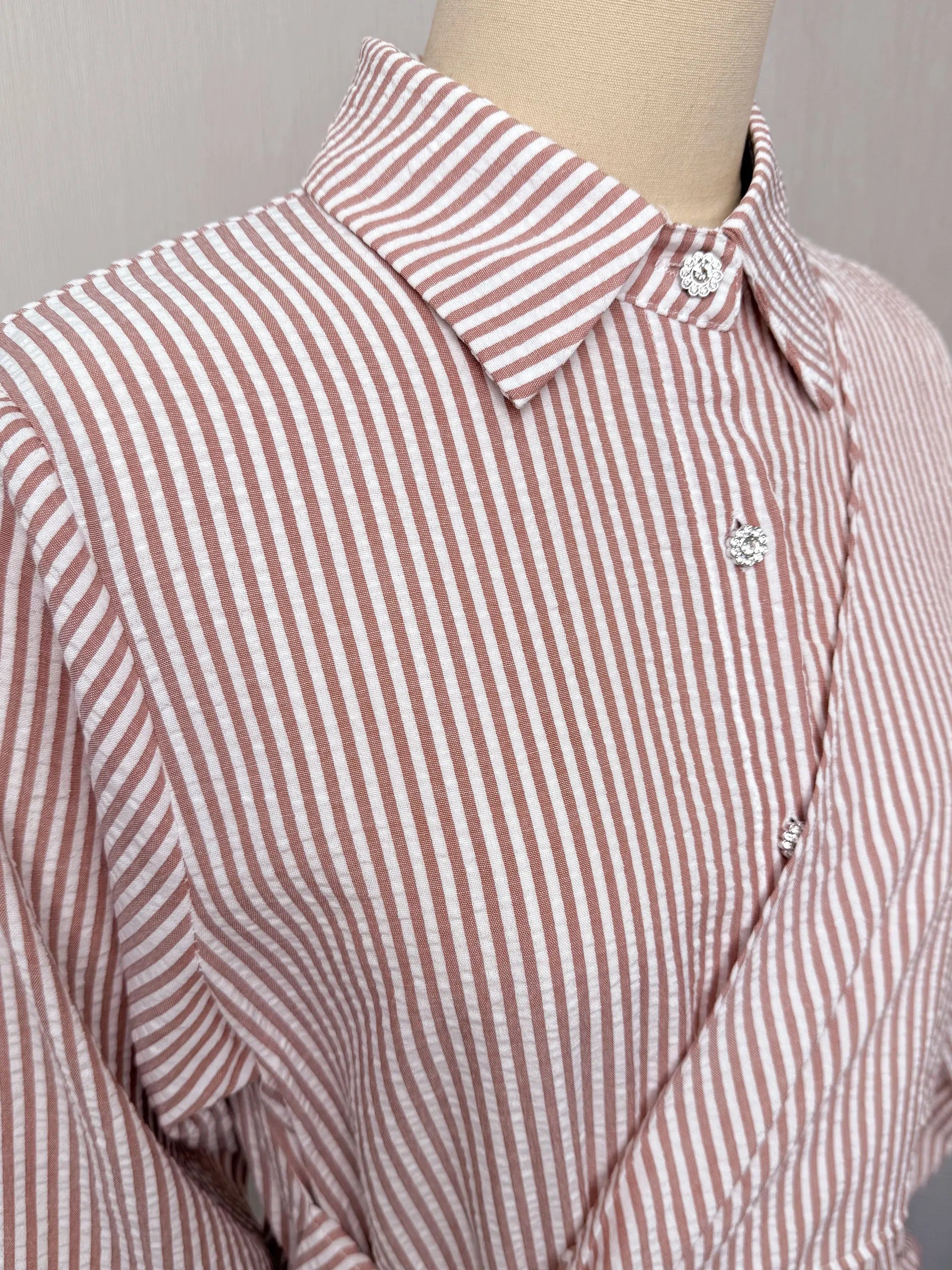 Belted Striped Modest Dress – Shirt Neckline Commute Robe | AbayaVida