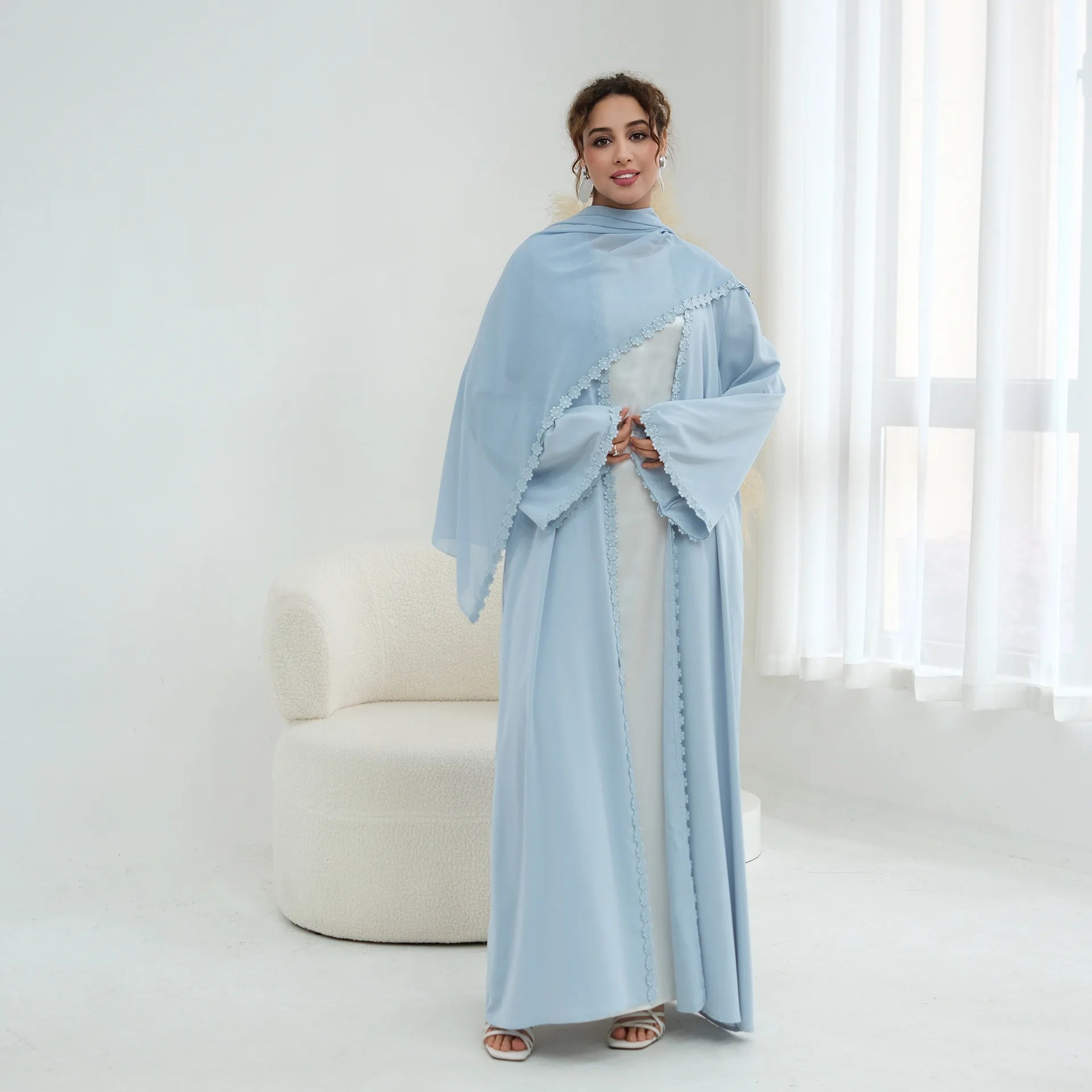 Eid Abaya with Hijab Set – Lace Detail Open Front Robe