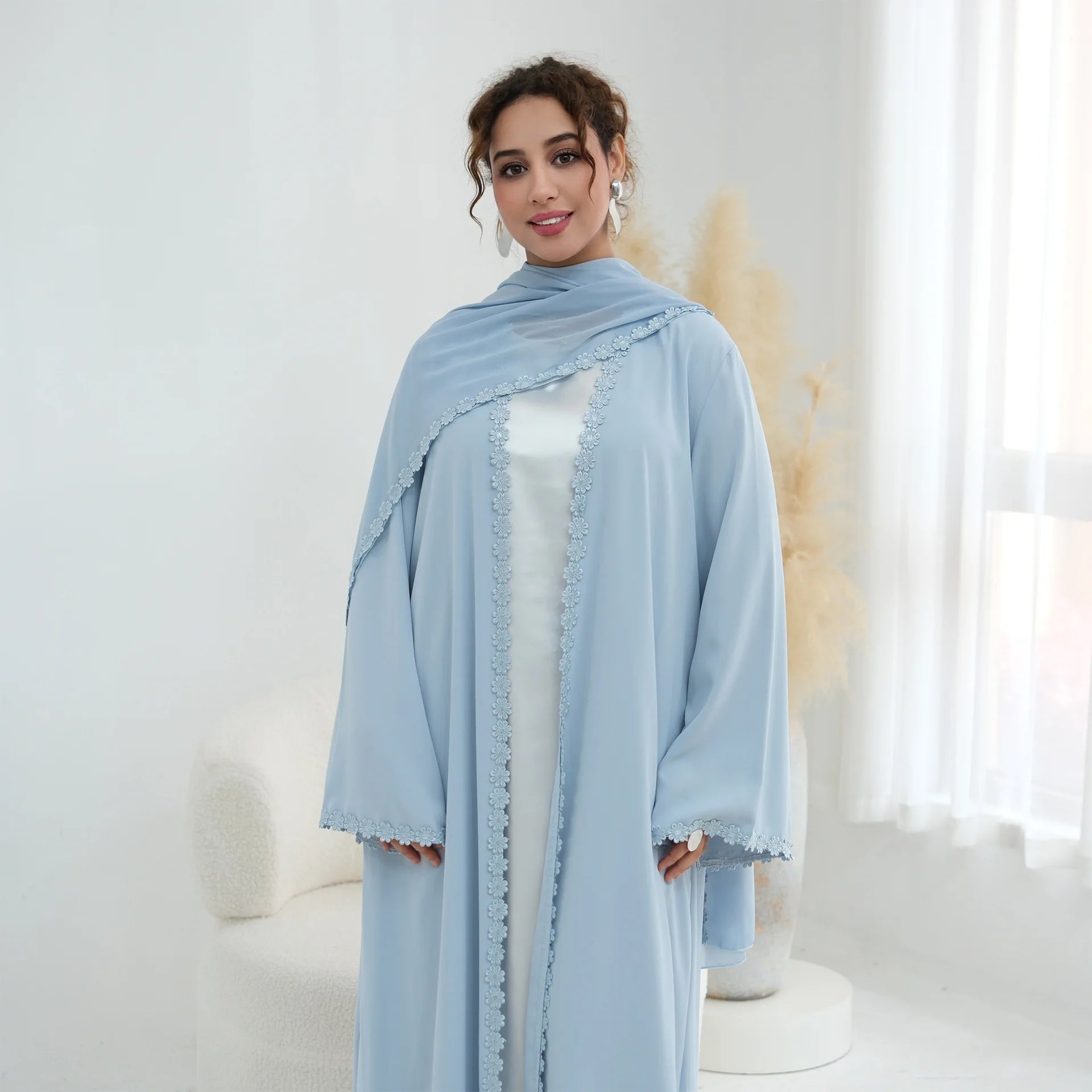 Eid Abaya with Hijab Set – Lace Detail Open Front Robe