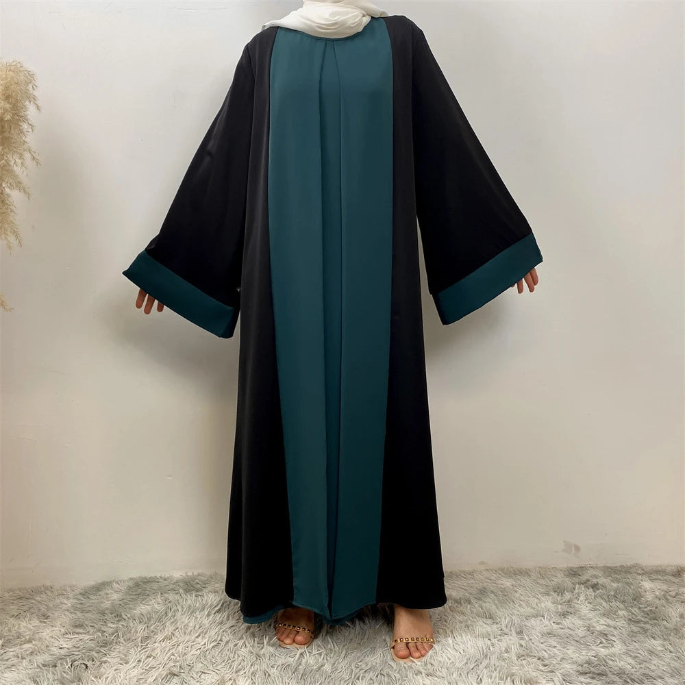 Luxury Splicing Faux Two-Piece Abaya – Zip Front Colour-Block Robe