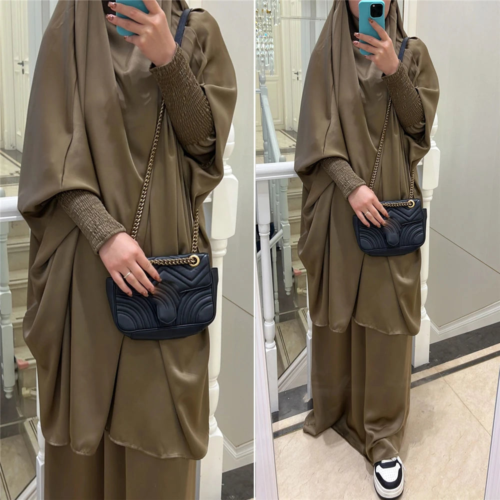 Eid Djellaba Kebaya Two-Piece Set – Hooded Satin Khimar & Skirt, One Size