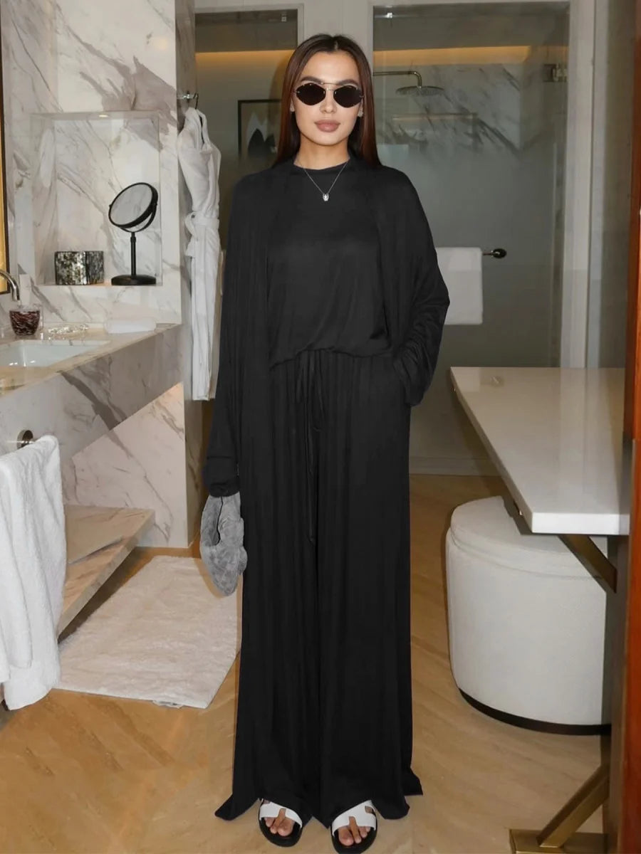 Dubai Three-Piece Abaya Set – Cardigan, Top & Trousers Coordinated Outfit