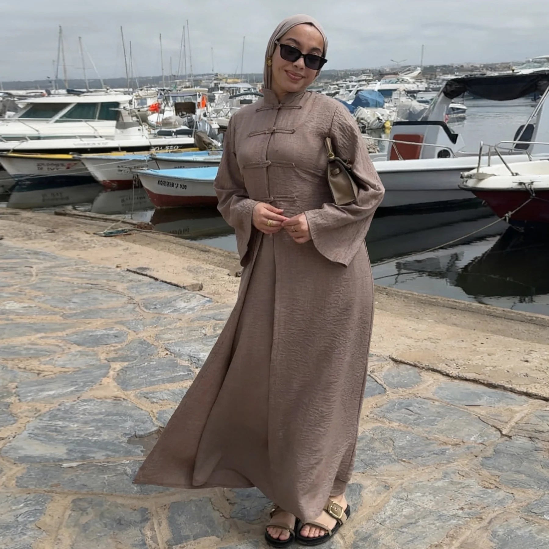 Two-Piece Arabic Modest Abaya Set – Cardigan & Inner Dress - Mocha - M | AbayaVida
