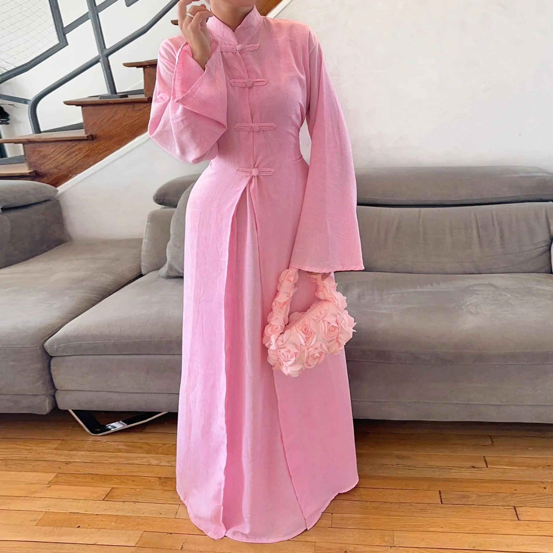 Two-Piece Arabic Modest Abaya Set – Cardigan & Inner Dress - Sky Blue - M | AbayaVida