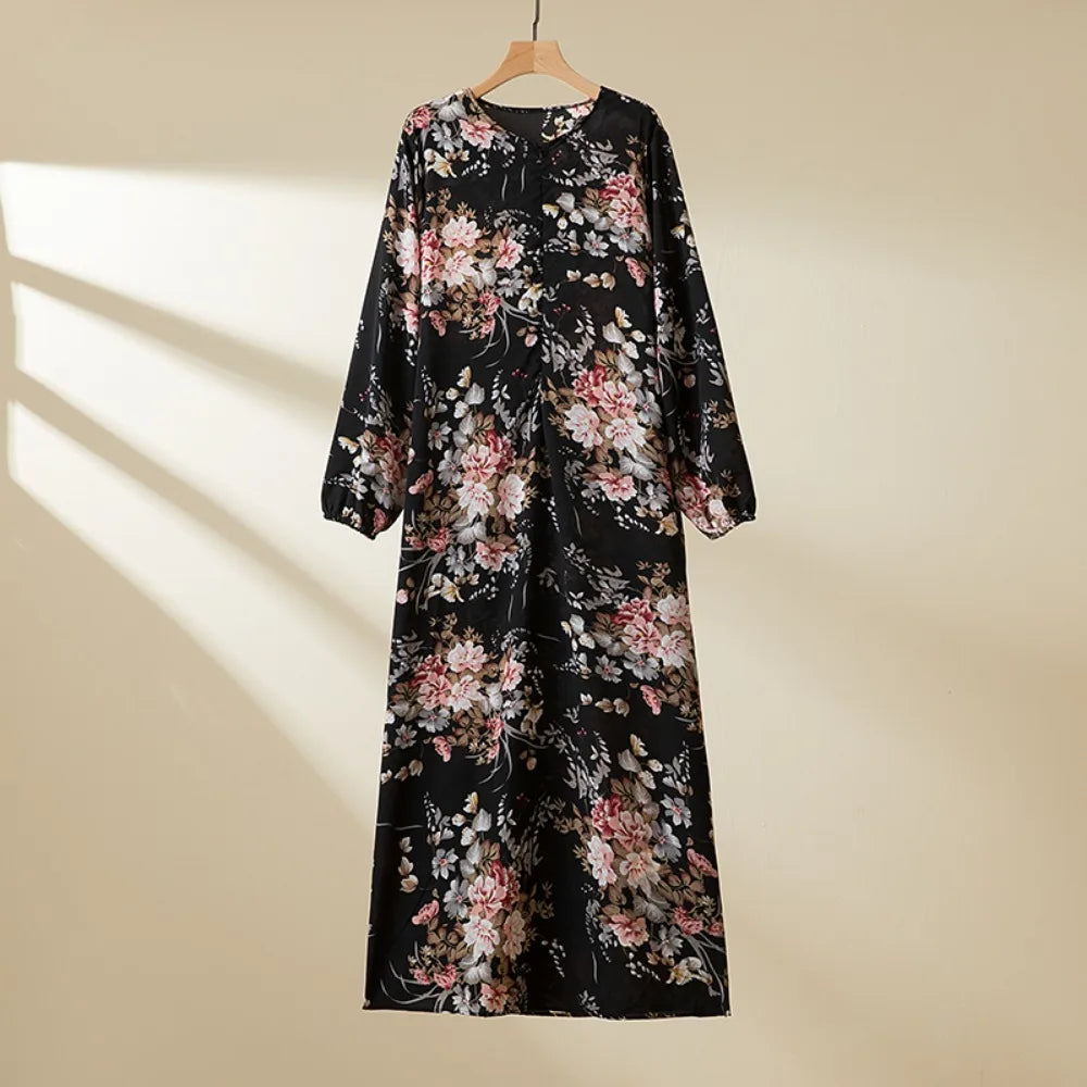 Printed Floral Maxi Prayer Dress – Side Pocket Robe | AbayaVida