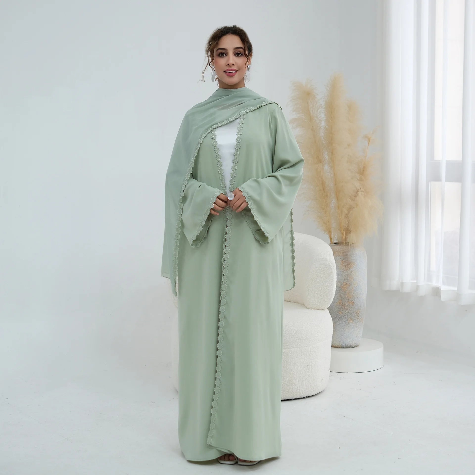 Eid Abaya with Hijab Set – Lace Detail Open Front Robe