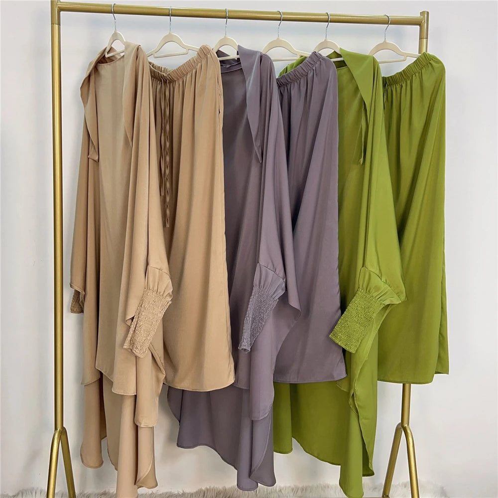 Eid Djellaba Kebaya Two-Piece Set – Hooded Satin Khimar & Skirt, One Size