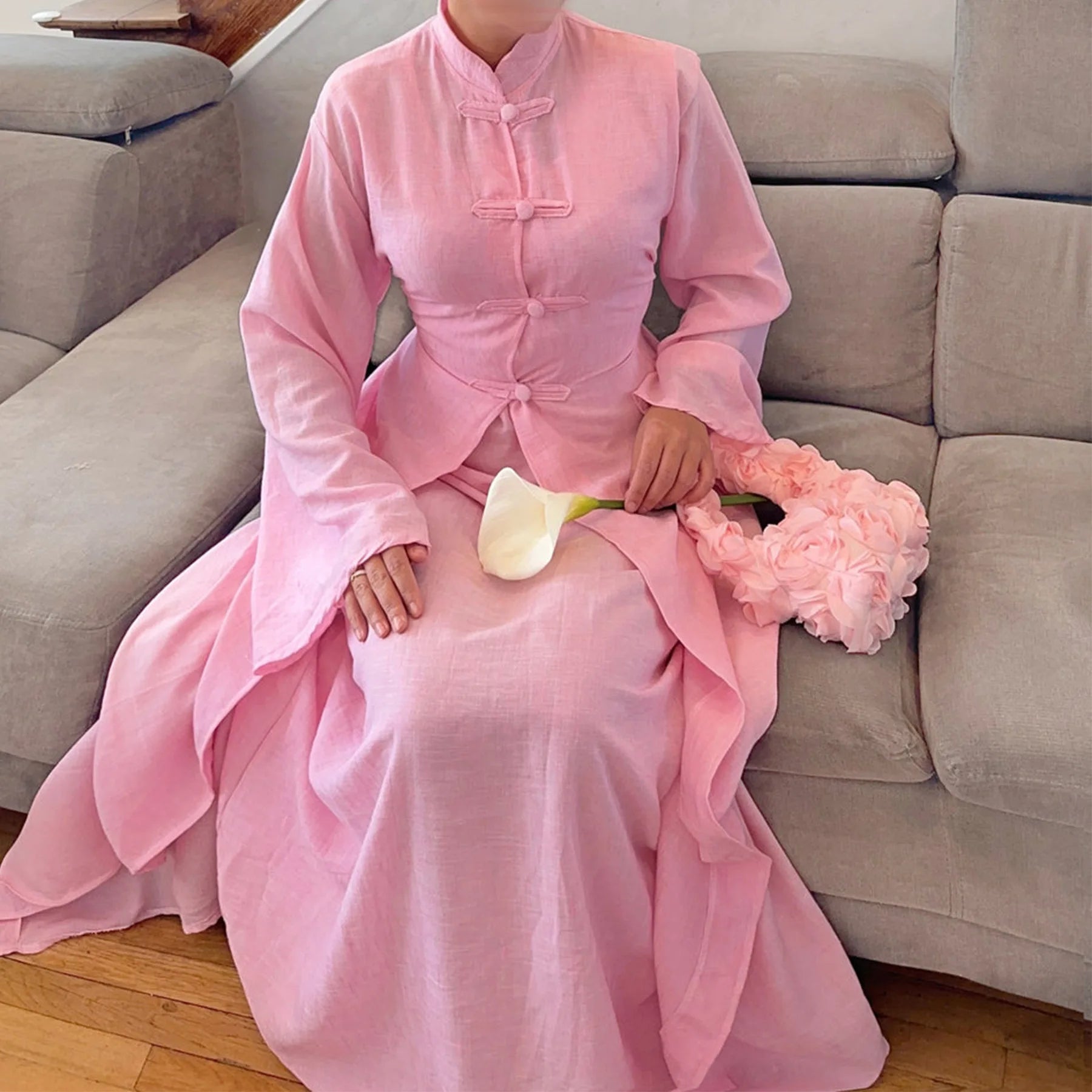 Two-Piece Arabic Modest Abaya Set – Cardigan & Inner Dress - Sky Blue - L | AbayaVida
