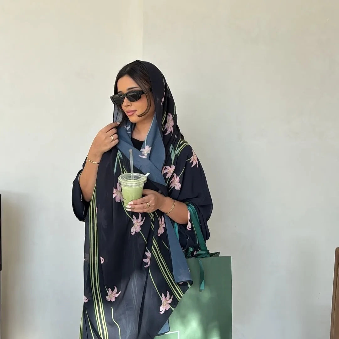 Embroidered Two-Piece Cardigan Abaya with Hijab – Button Closure, One Size
