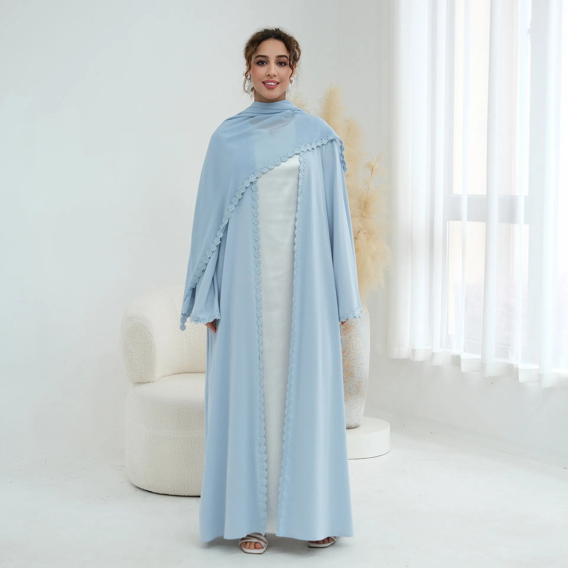 Eid Abaya with Hijab Set – Lace Detail Open Front Robe
