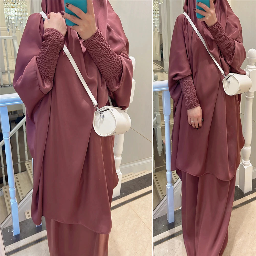 Eid Djellaba Kebaya Two-Piece Set – Hooded Satin Khimar & Skirt, One Size