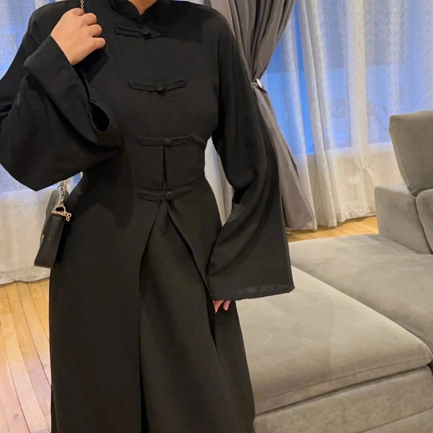 Two-Piece Arabic Modest Abaya Set – Cardigan & Inner Dress - Black - M | AbayaVida