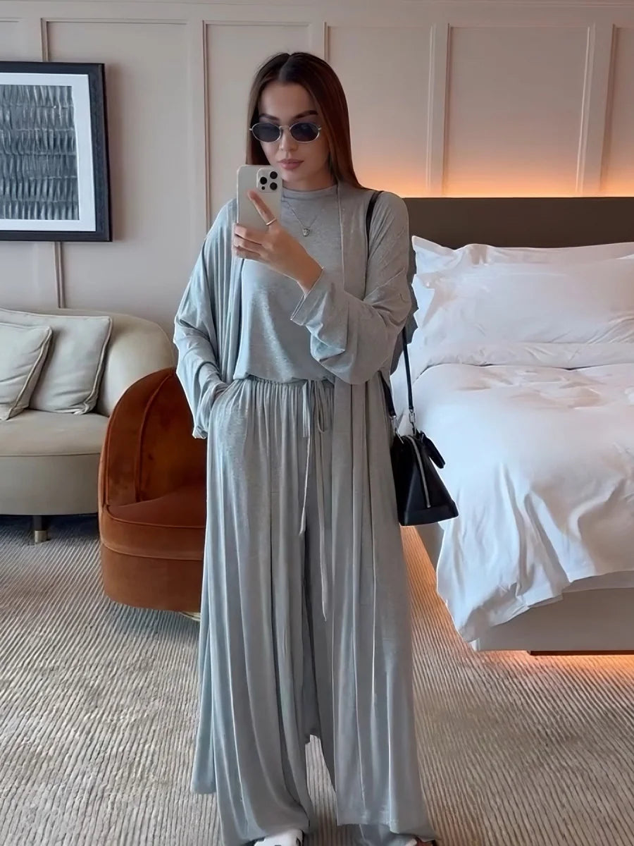 Dubai Three-Piece Abaya Set – Cardigan, Top & Trousers Coordinated Outfit